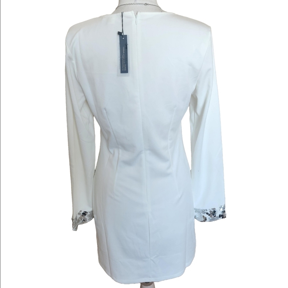NWT Nylon Apparel Solid White Long Sleeve Side Slit Sequin Short Dress - Picture 6 of 6